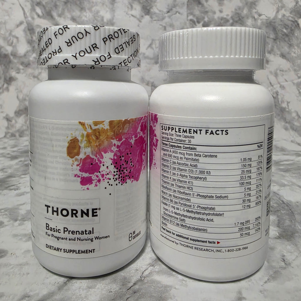 Thorne Basic Prenatal 90 Capsules front and back label showing Supplement Facts