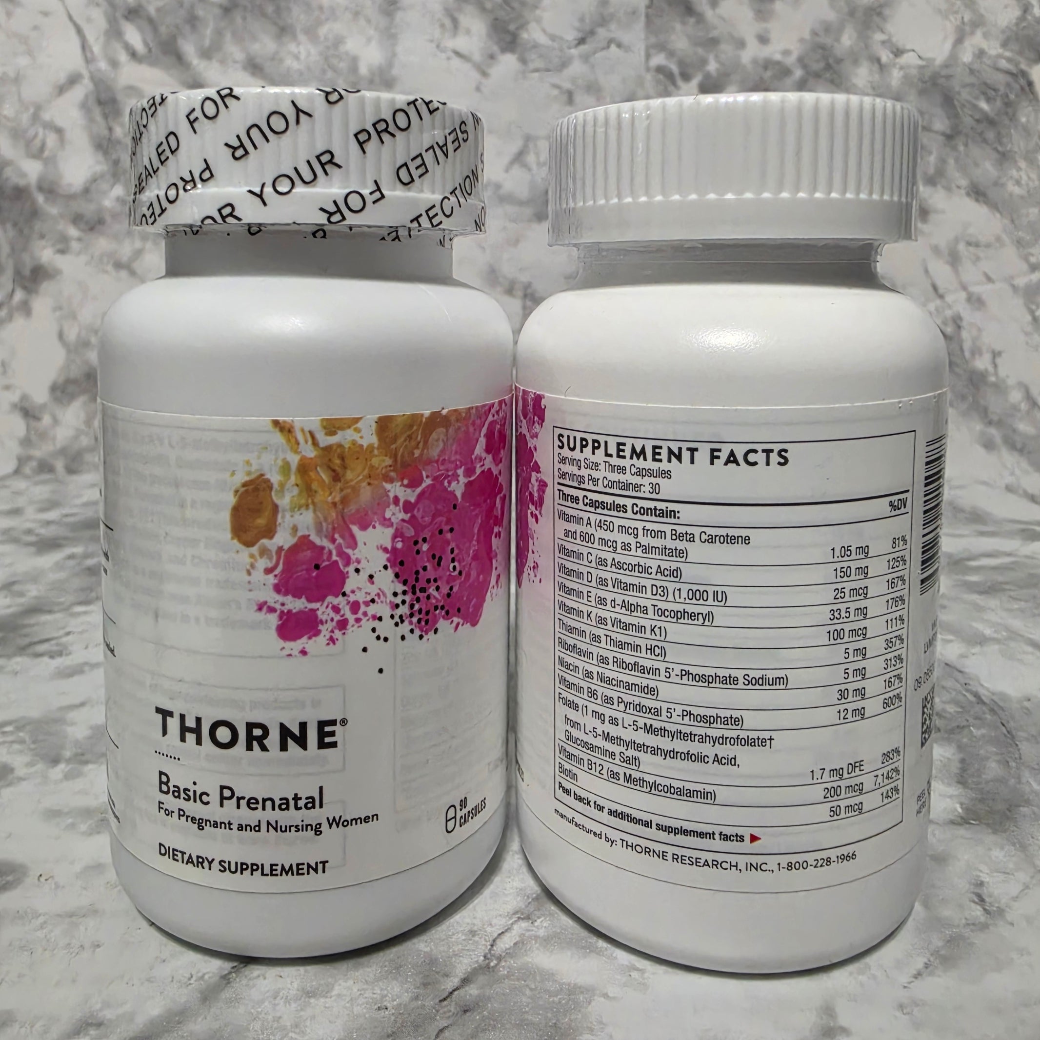 Thorne Basic Prenatal 90 Capsules front and back label showing Supplement Facts