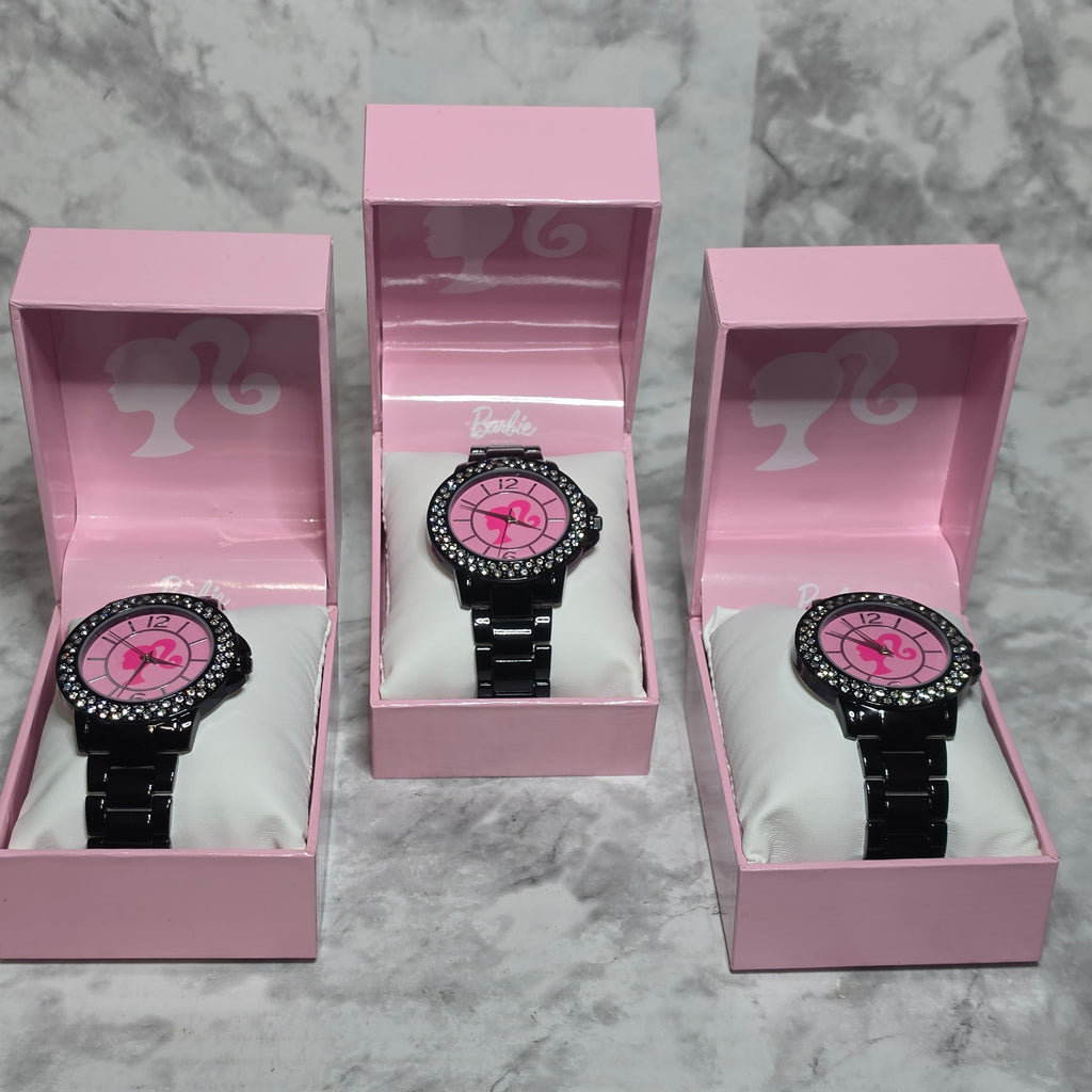 Barbie BAR8009BU black metal rhinestone watch in pink presentation boxes - set of 3