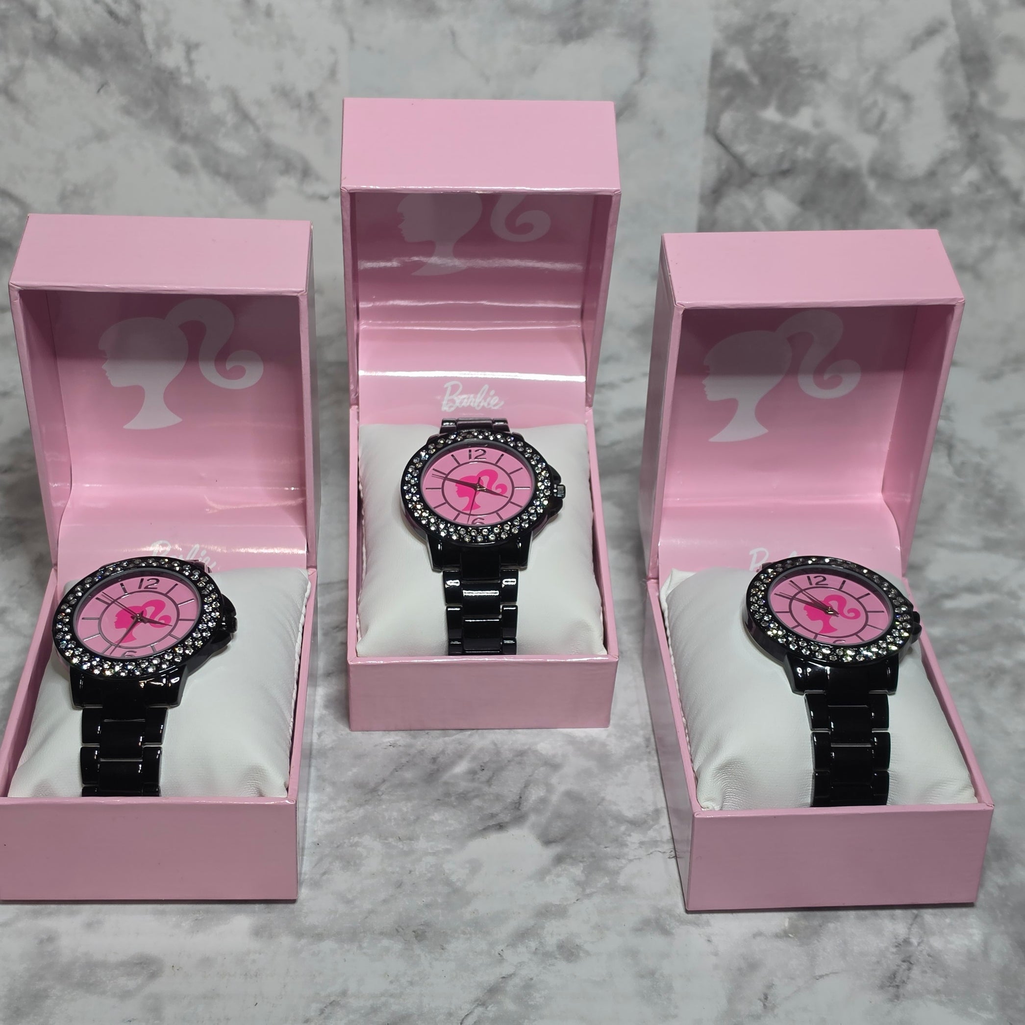 Barbie BAR8009BU black metal rhinestone watch in pink presentation boxes - set of 3