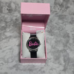 Barbie BAR5029STK black dial pink script logo analog watch in pink presentation box