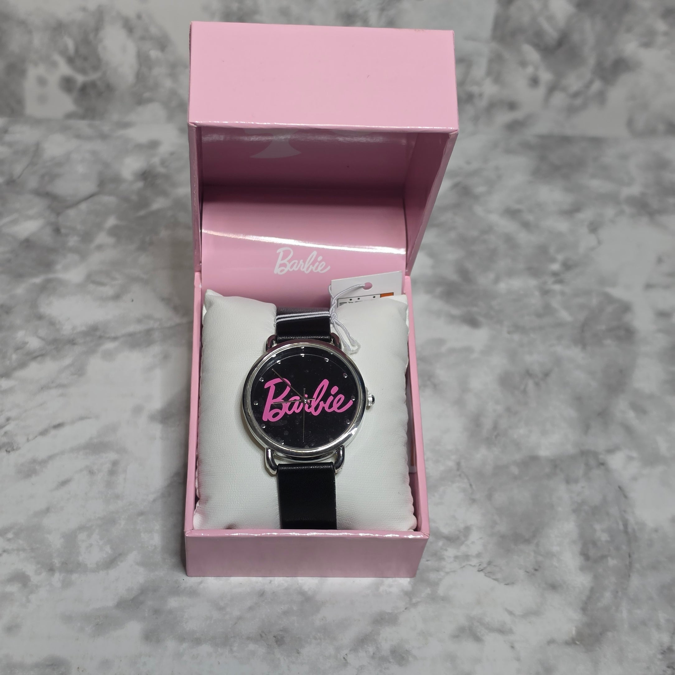 Barbie BAR5029STK black dial pink script logo analog watch in pink presentation box