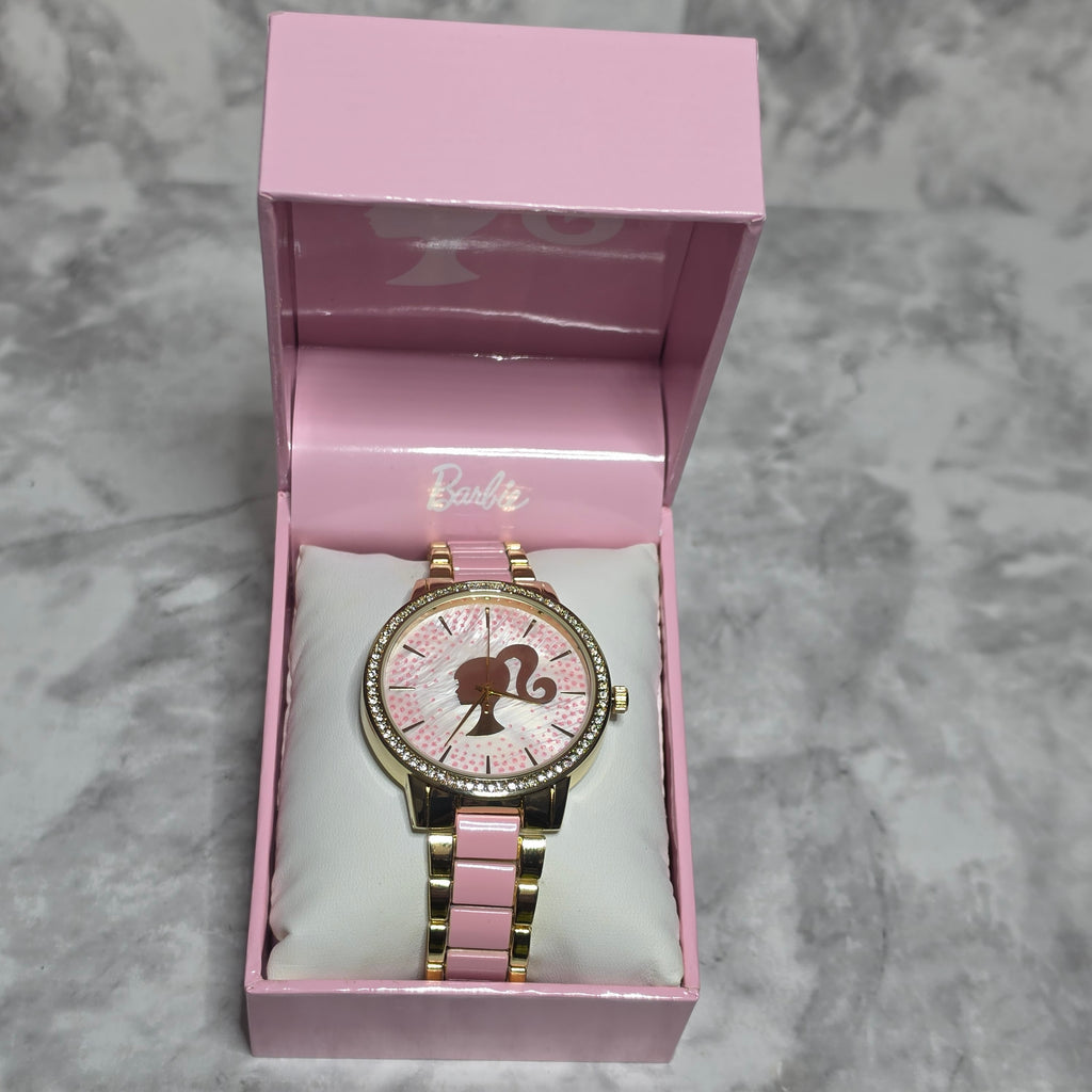 Barbie BAR8010BU gold and pink enamel link bracelet watch with crystal bezel in official pink gift box
