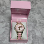 Barbie BAR8010BU gold and pink enamel link bracelet watch with crystal bezel in official pink gift box