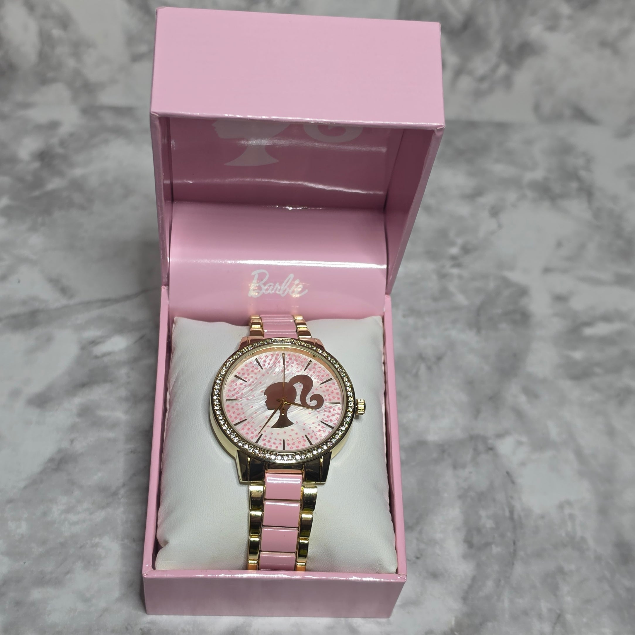 Barbie BAR8010BU gold and pink enamel link bracelet watch with crystal bezel in official pink gift box