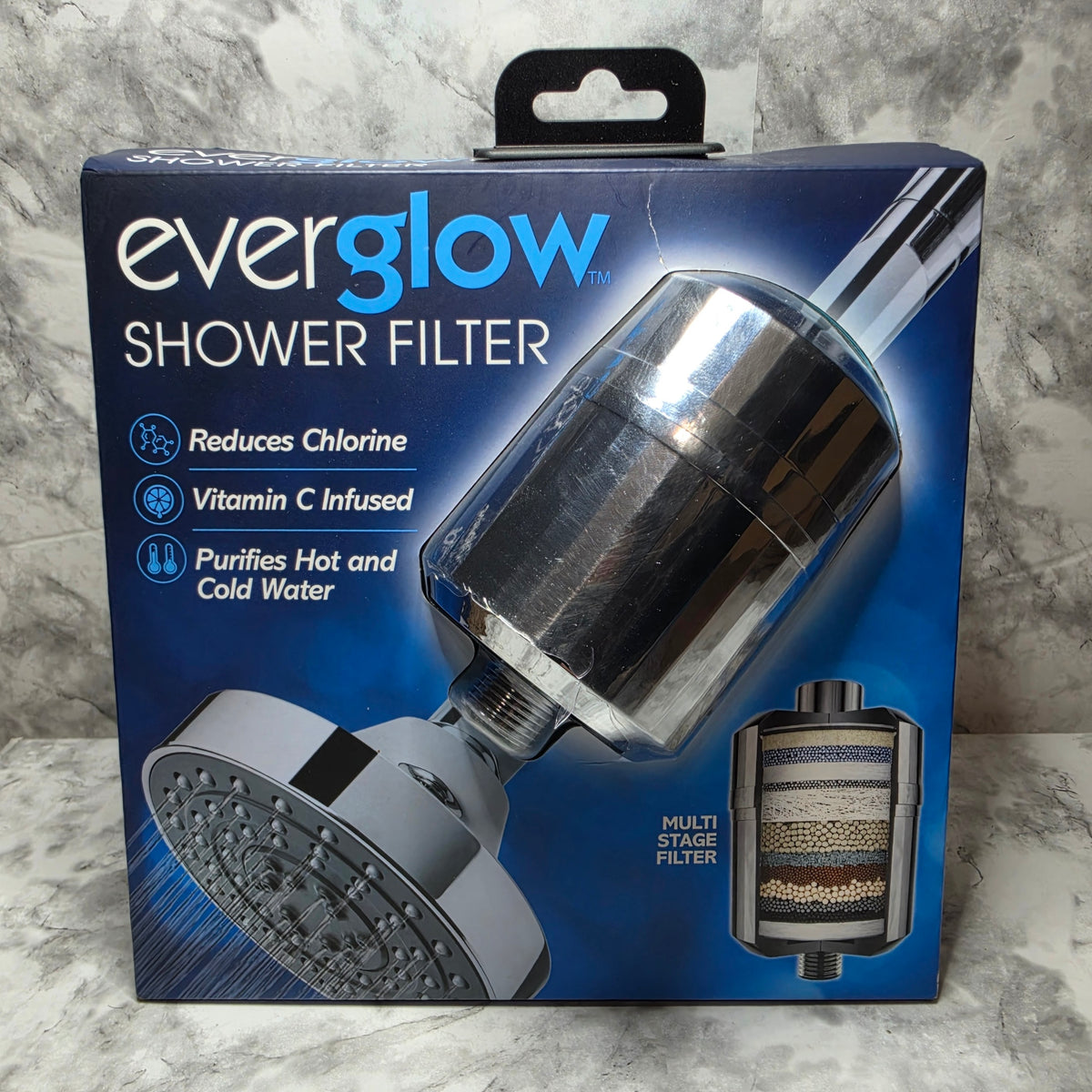 Everglow Multi-Stage Shower Filter 1640C – new in original retail box, chrome finish, Vitamin C infused