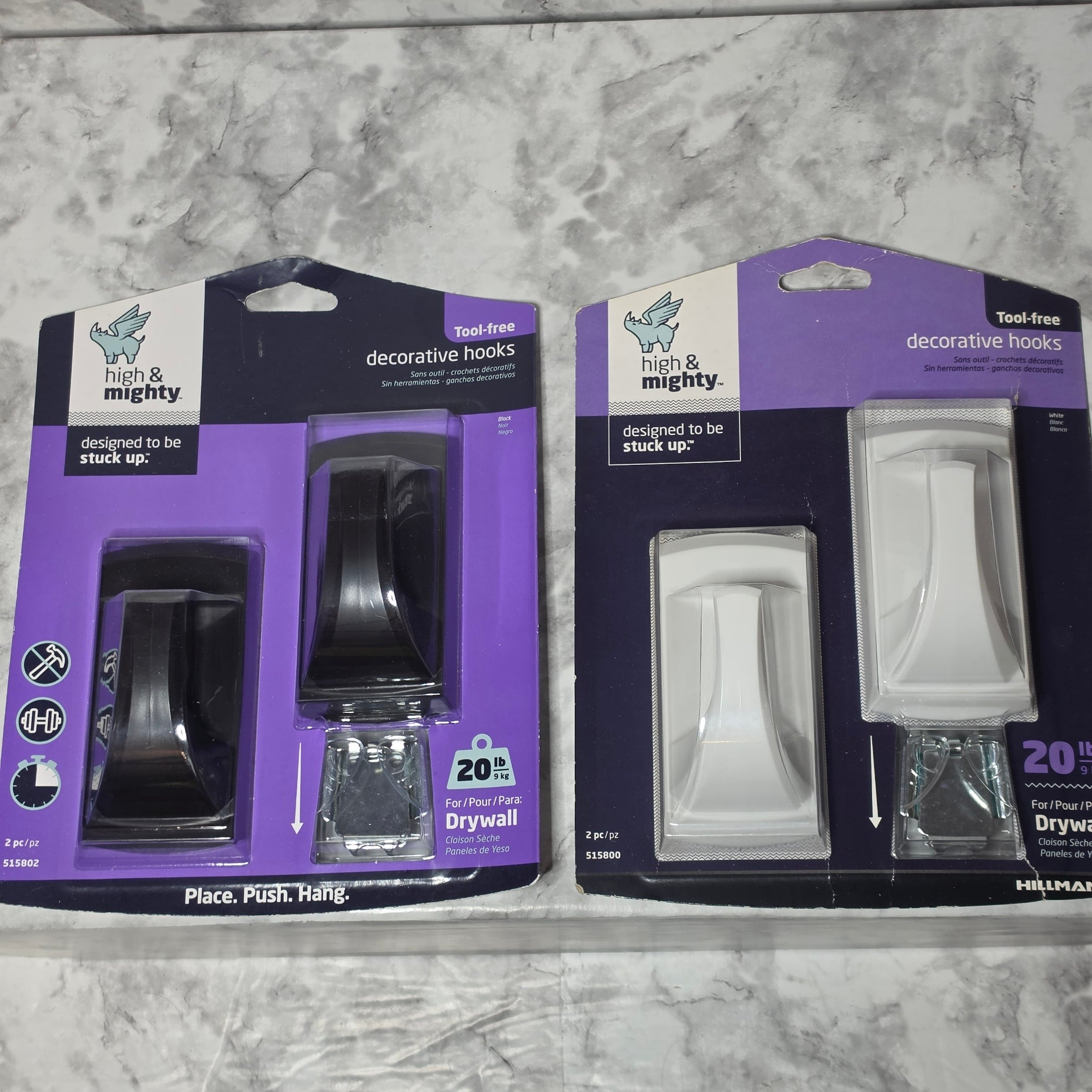 High & Mighty Tool-Free Decorative Hooks 2-Pack - Black (515802) and White (515800) side by side in original retail packaging