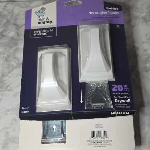 High & Mighty White Decorative Hook 2-Pack (515800) - back of package showing barcode and Made in China label