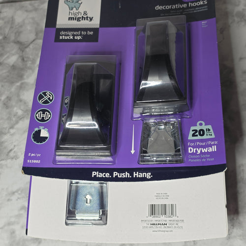 High & Mighty Black Decorative Hook 2-Pack (515802) - back of package showing barcode and Made in China label