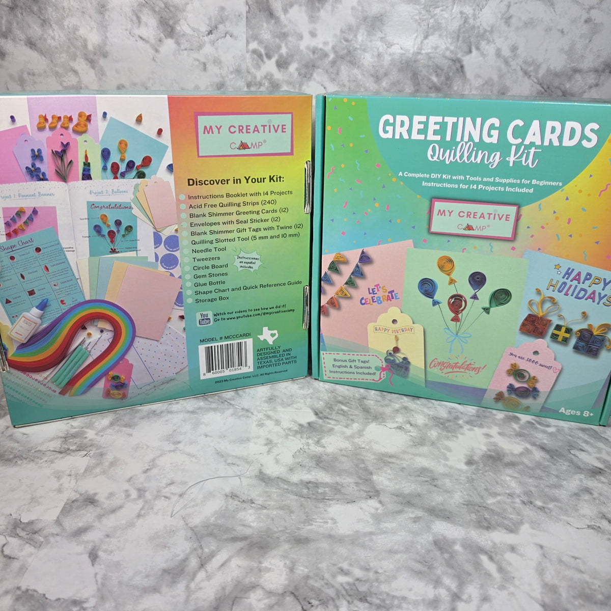 My Creative Camp Greeting Cards Quilling Kit front and back of retail box showing contents list and sample quilled cards