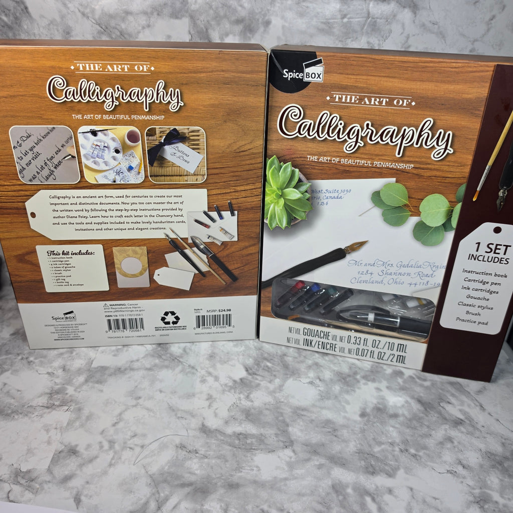 SpiceBox The Art of Calligraphy kit front and back of retail box showing contents list and calligraphy samples