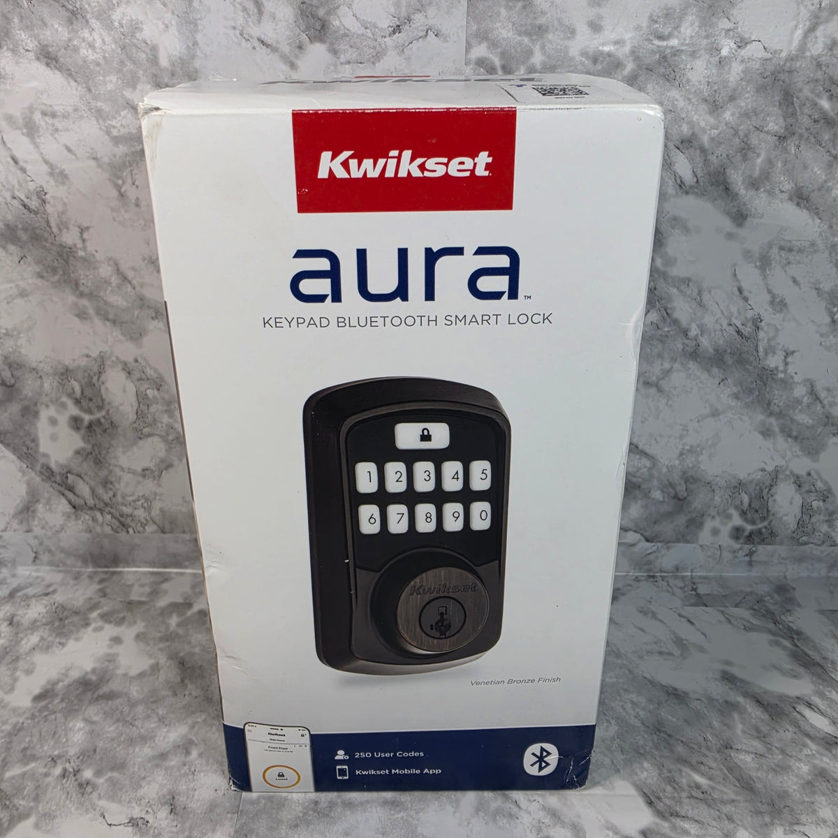Actual stocked Kwikset Aura Bluetooth keypad smart lock in Venetian Bronze, new in box