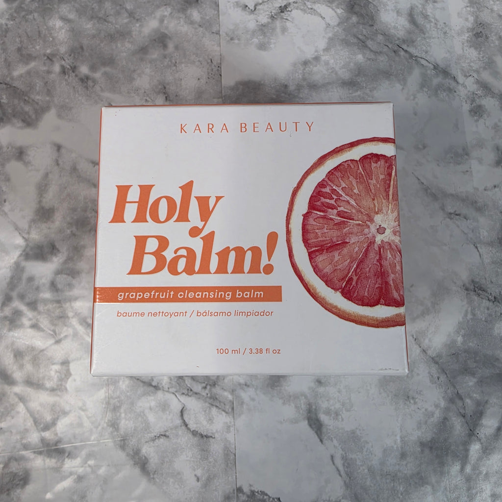Actual stocked Kara Beauty Holy Balm grapefruit cleansing balm box, 3.38 oz front view