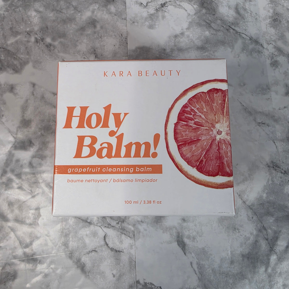 Actual stocked Kara Beauty Holy Balm grapefruit cleansing balm box, 3.38 oz front view
