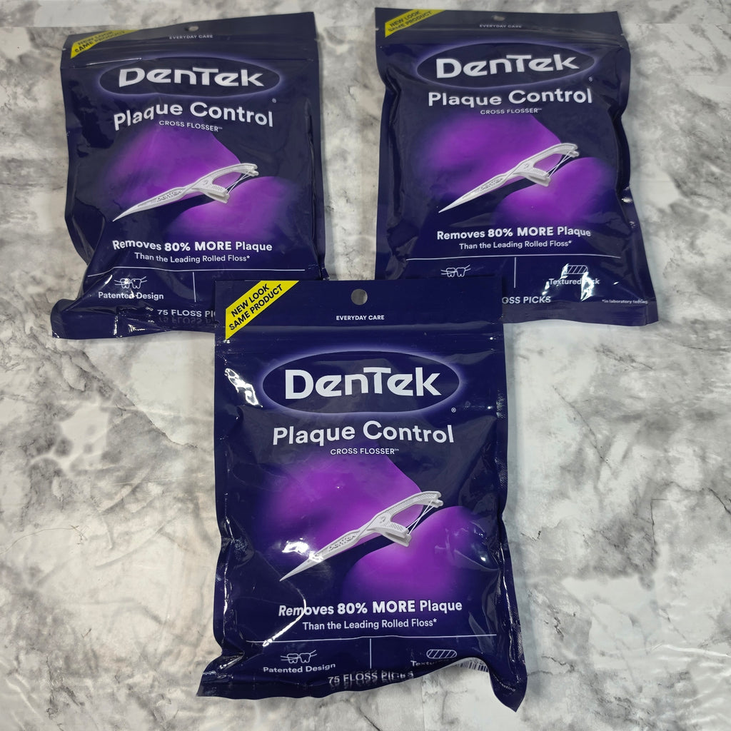 Actual stocked DenTek Plaque Control Cross Flosser 75 count 3-pack bags