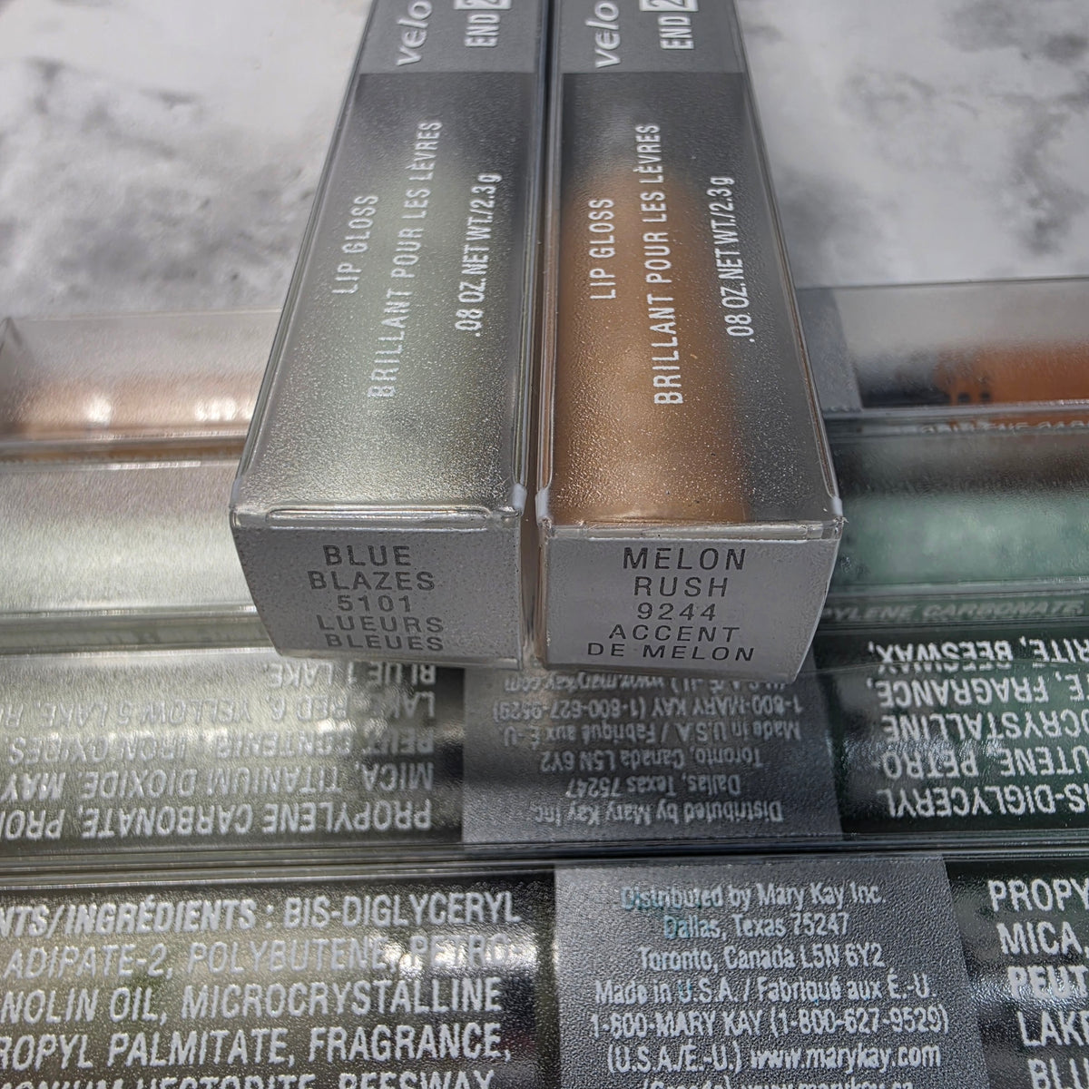 Mary Kay Velocity End 2 End box end labels showing Blue Blazes 5101 and Melon Rush 9244, with ingredients label and Made in USA imprint