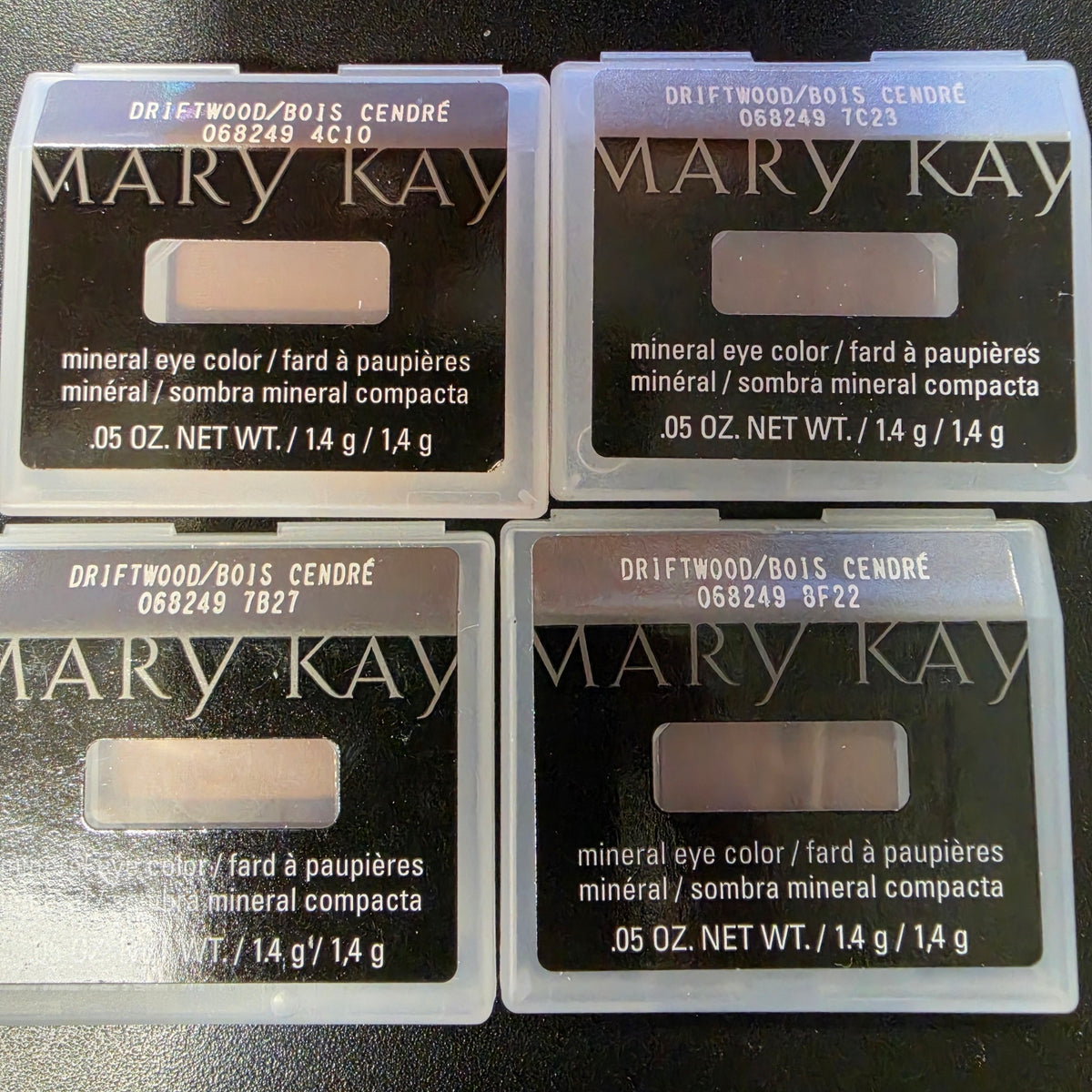 4 photographed Mary Kay Driftwood Mineral Eye Color refill cases; each order contains one