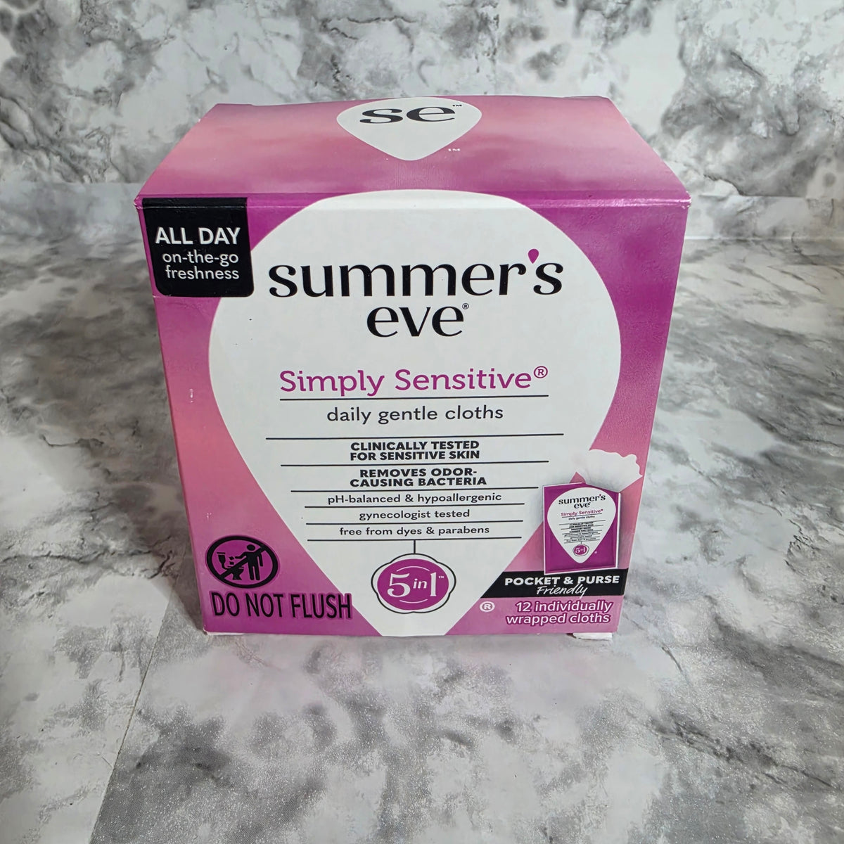 Actual stocked Summer's Eve Simply Sensitive daily gentle cloths 12 count box front