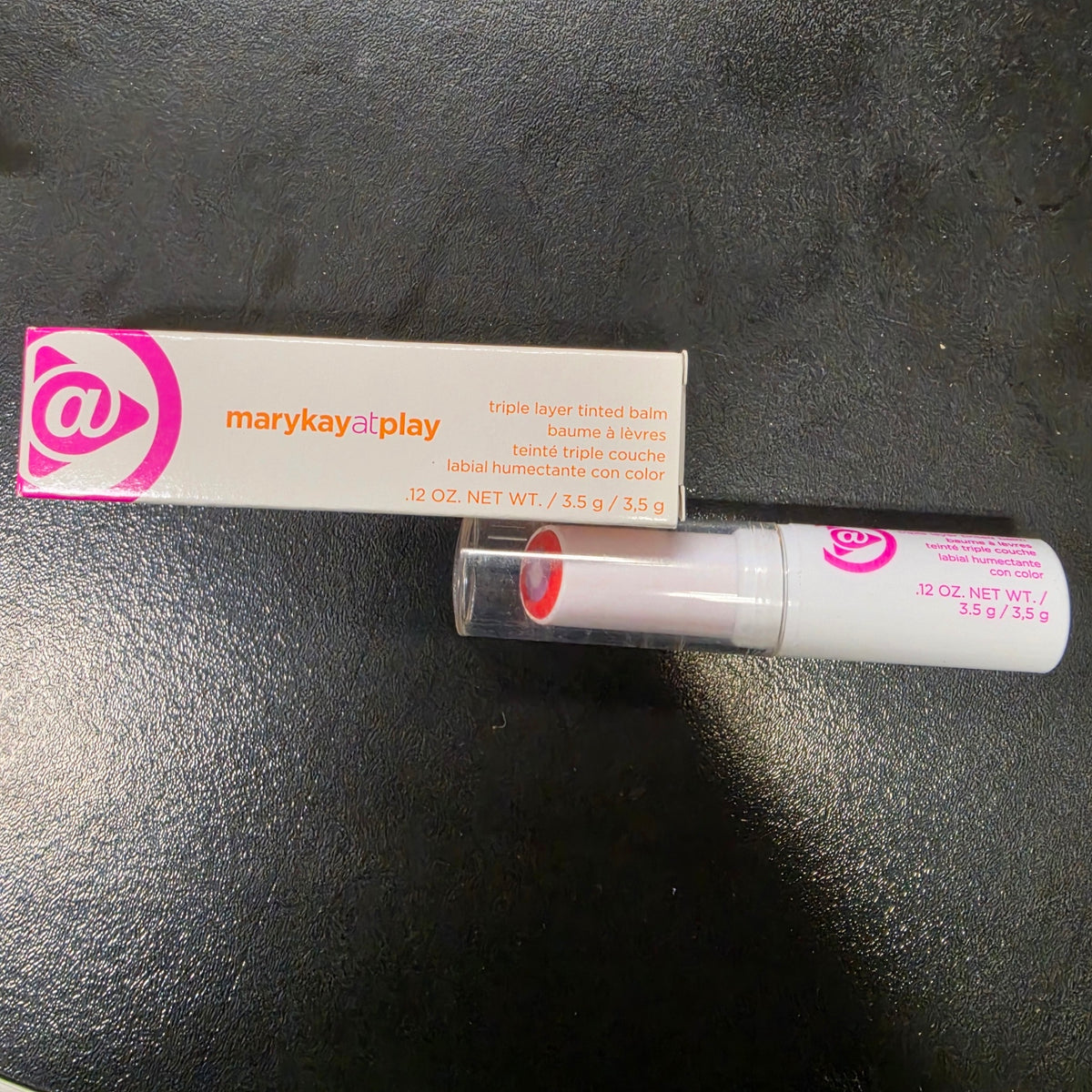 Actual stocked Mary Kay at Play Triple Layer Tinted Balm in Orange You Lovely tube and box