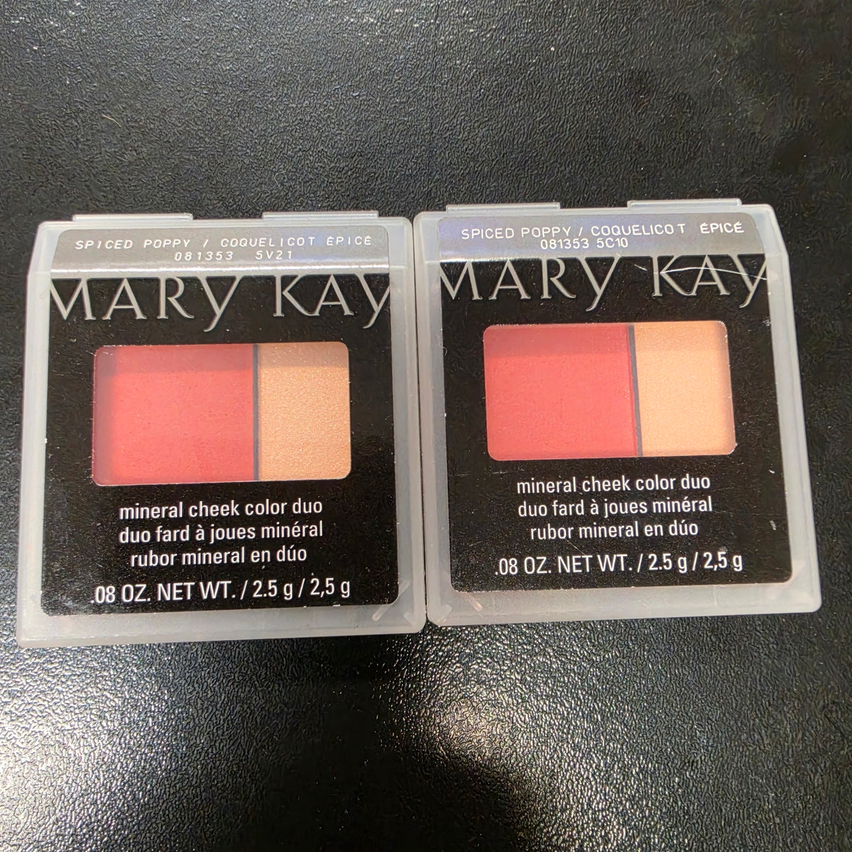 Actual stocked Mary Kay Mineral Cheek Color Duo compacts in Spiced Poppy and Juicy Guava