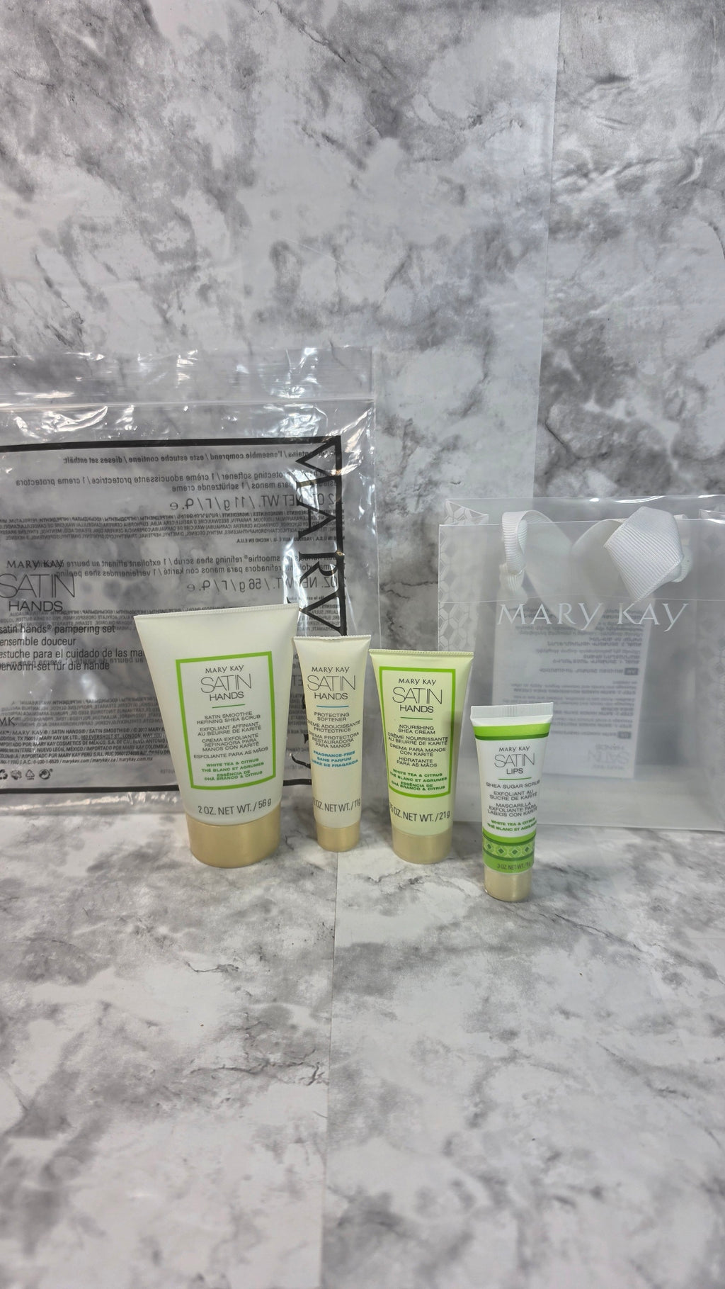 Actual stocked Mary Kay Satin Hands Travel Set with bonus Satin Lips Scrub and clear tote