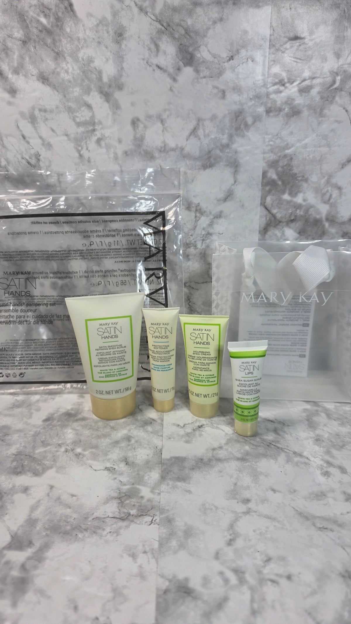 Actual stocked Mary Kay Satin Hands Travel Set with bonus Satin Lips Scrub and clear tote