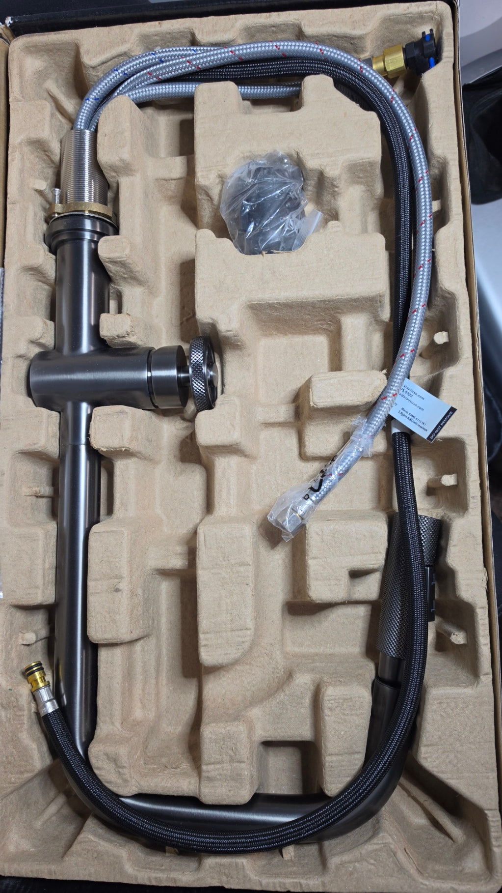 Actual stocked Kraus Urbix Industrial Pull-Down Kitchen Faucet in Black Stainless Steel in packaging
