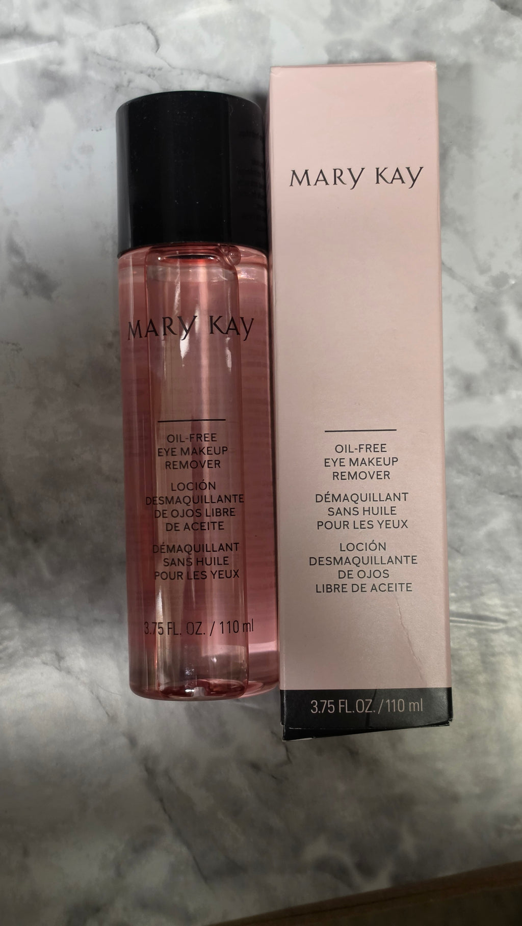 Actual stocked Mary Kay Oil-Free Eye Makeup Remover 3.75 fl oz bottle and retail box