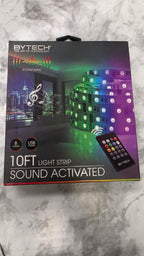 Actual stocked Bytech 10FT Sound Activated LED Light Strip box front showing remote and TV setup