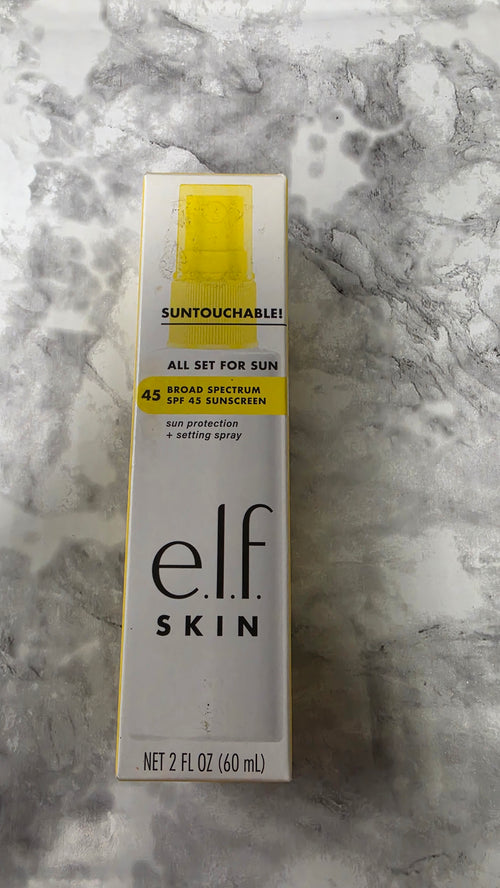 Actual stocked e.l.f. SKIN Suntouchable All Set For Sun SPF 45 Setting Spray box front