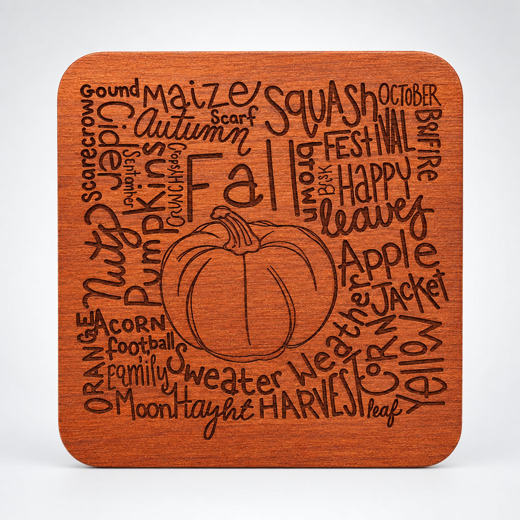 Square wood coaster with an autumn word collage and pumpkin