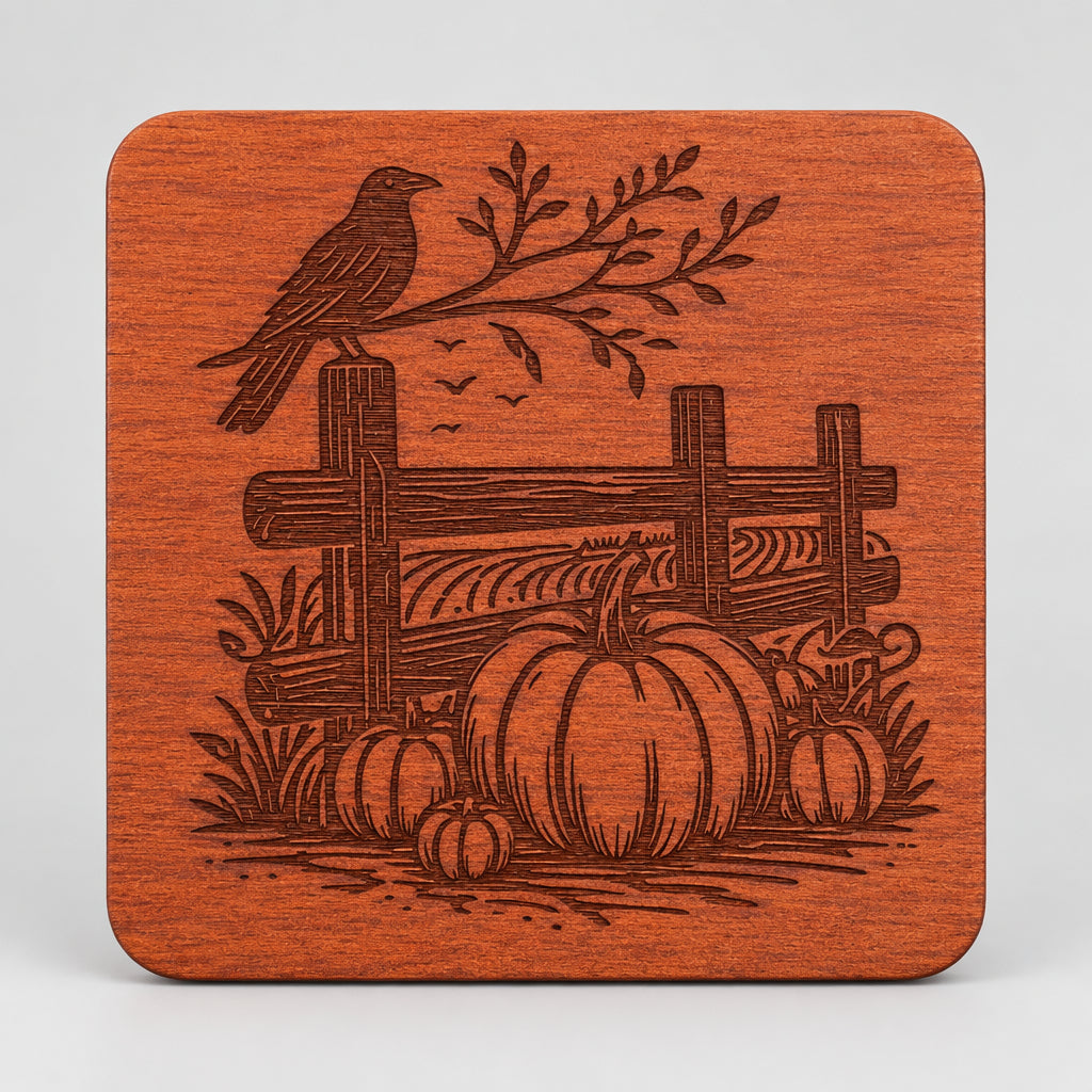 Square wood coaster with a crow, fence and pumpkins engraving