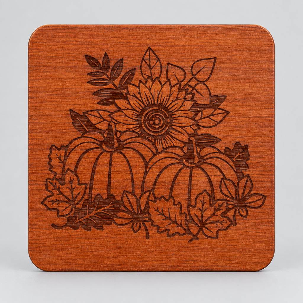 A square wooden coaster with rounded corners, held in a hand. The coaster features a laser-engraved autumn design of pumpkins, sunflowers, and leaves.