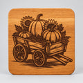 Square wood coaster with pumpkins and sunflowers in a wagon