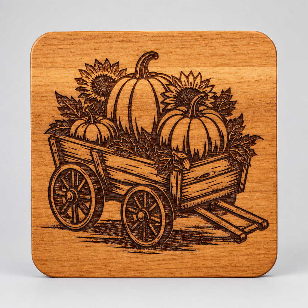 Square wood coaster with pumpkins and sunflowers in a wagon