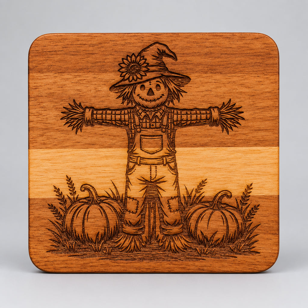 Square wood coaster with a scarecrow and pumpkins engraving