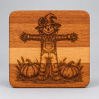 Square wood coaster with a scarecrow and pumpkins engraving
