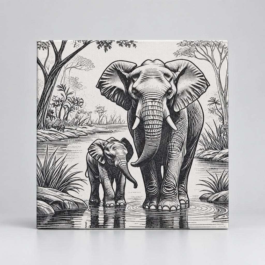 Elephants engraved ceramic tile, front view