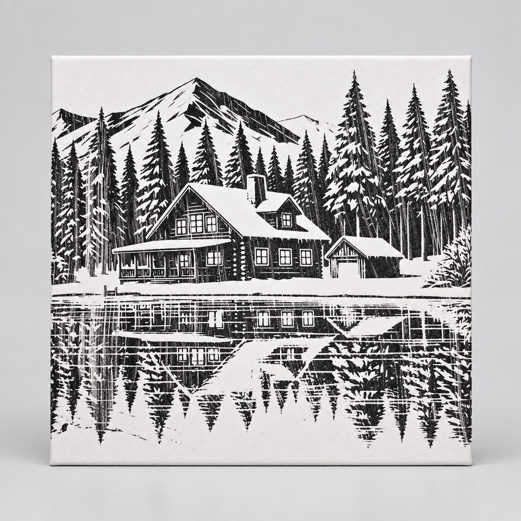 A square ceramic tile featuring a black and white woodcut-style illustration of a mountain cabin surrounded by pine trees and reflected in a calm lake.