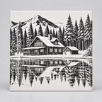 A square ceramic tile featuring a black and white woodcut-style illustration of a mountain cabin surrounded by pine trees and reflected in a calm lake.