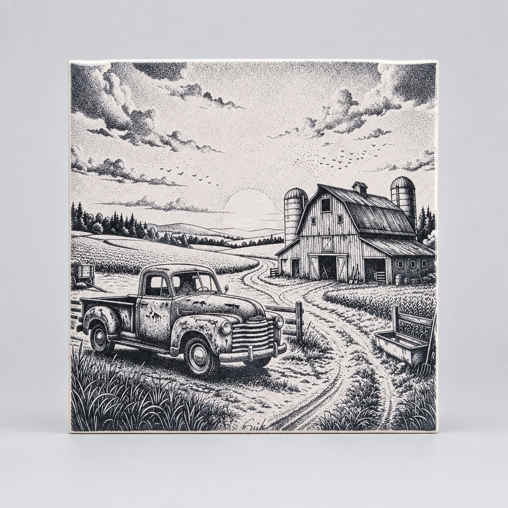 A square ceramic tile featuring a black and white stippled illustration of a rural farm scene with a vintage pickup truck, barn, silos, fields, and cloudy sky.