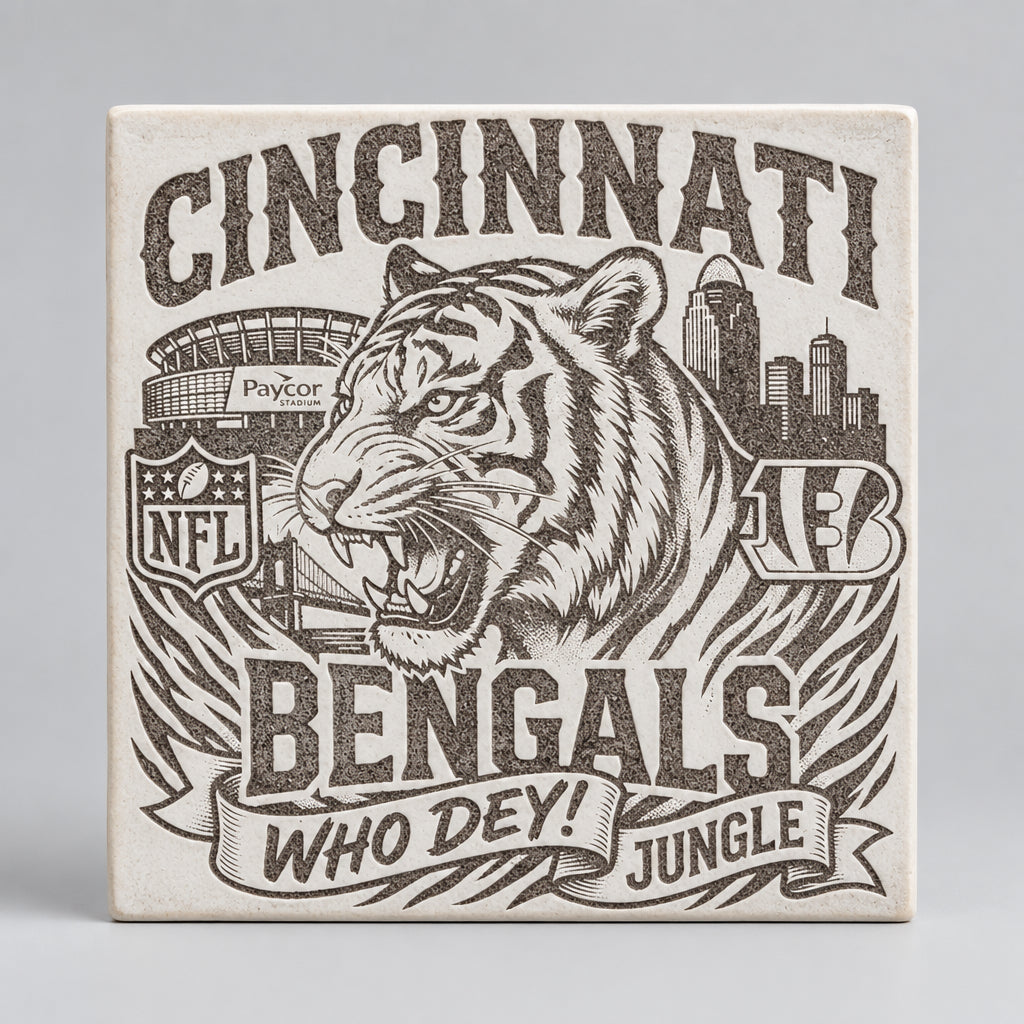 A square Cincinnati Bengals graphic print featuring a large roaring tiger, stadium, skyline, NFL shield, and the text 'CINCINNATI BENGALS WHO DEY! JUNGLE' in black on a white background.