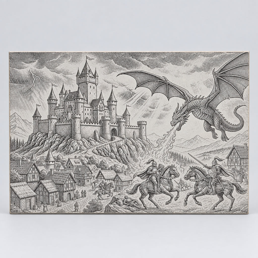 Dragon Village engraved ceramic tile, front view
