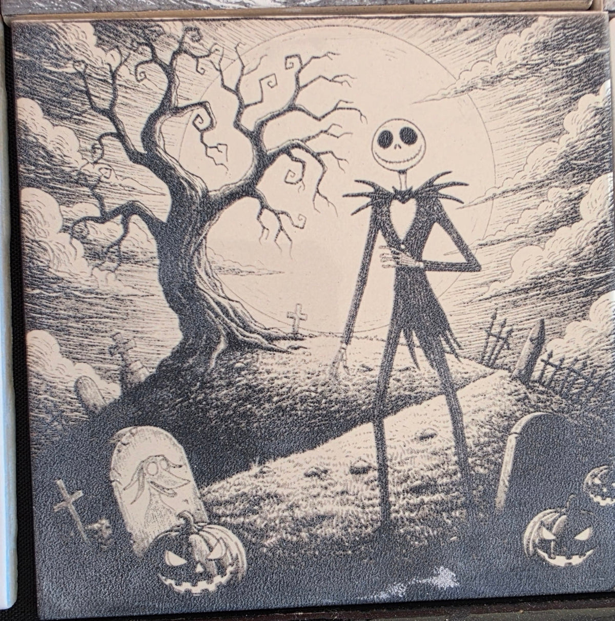 Pumpkin Moon Figure engraved ceramic tile, front view