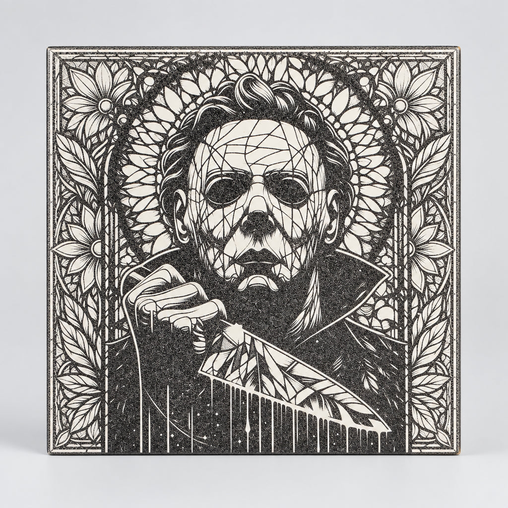 Sunflower Slasher Portrait engraved ceramic tile, front view
