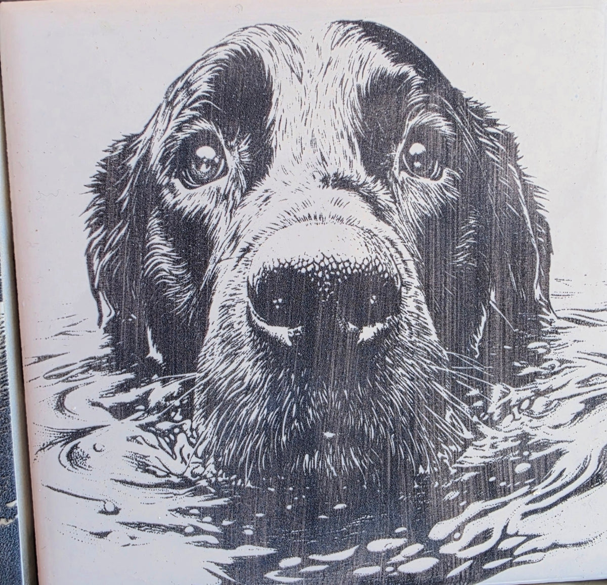 Water Dog engraved ceramic tile, front view