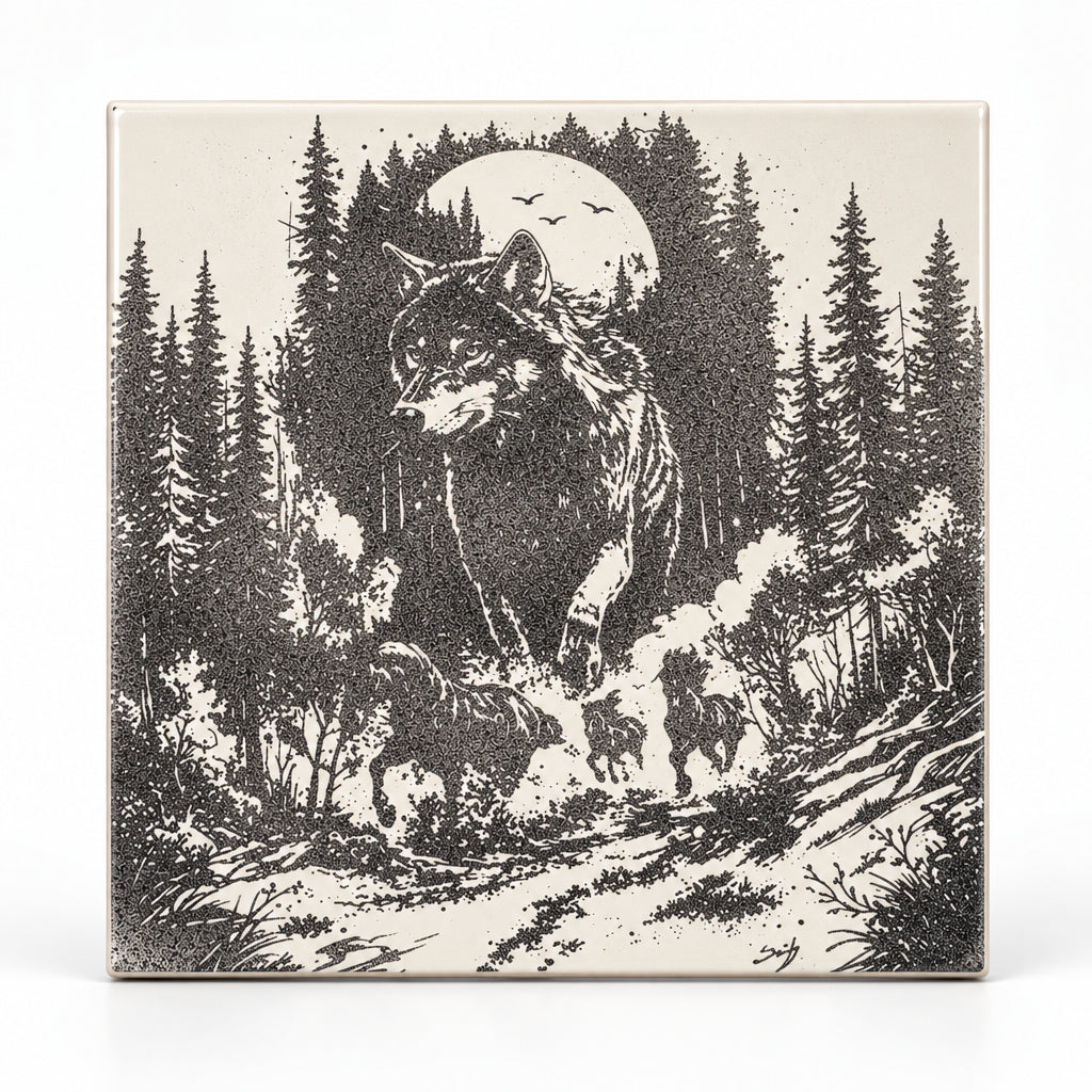 Moonlit Wolves engraved ceramic tile, front view