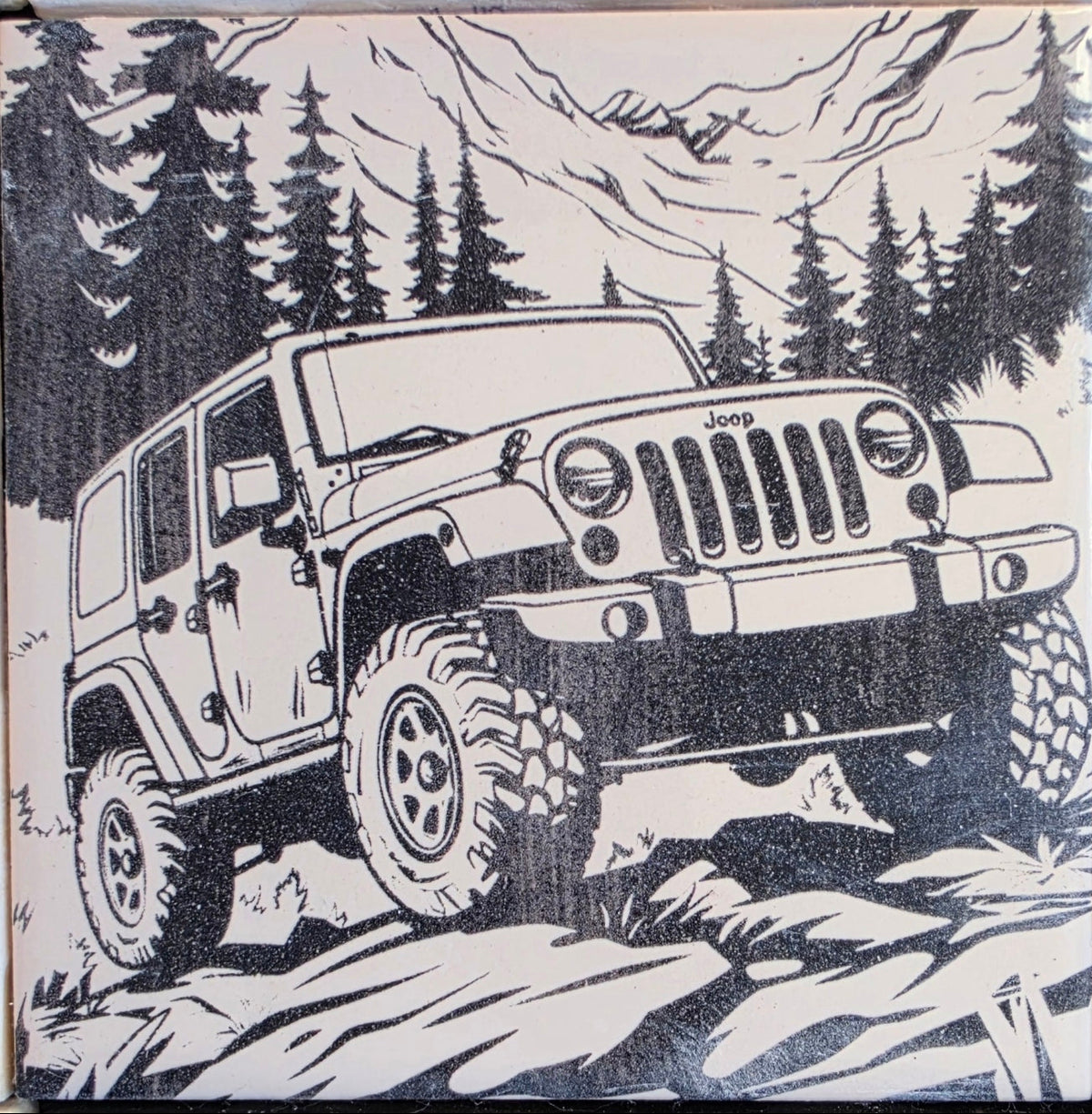 Mountain Jeep engraved ceramic tile, front view