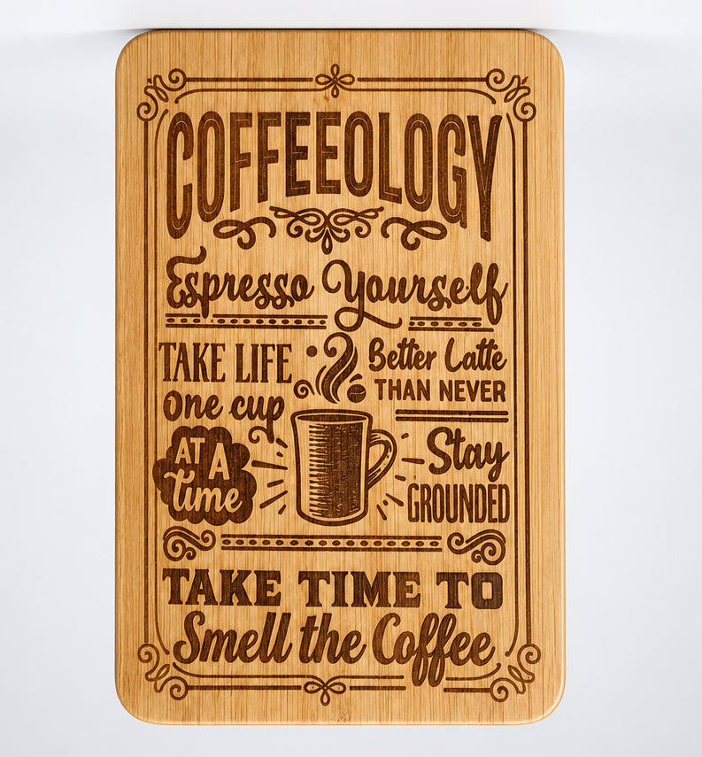 Engraved bamboo cutting board with Coffeeology — Take Time to Smell the Coffee design