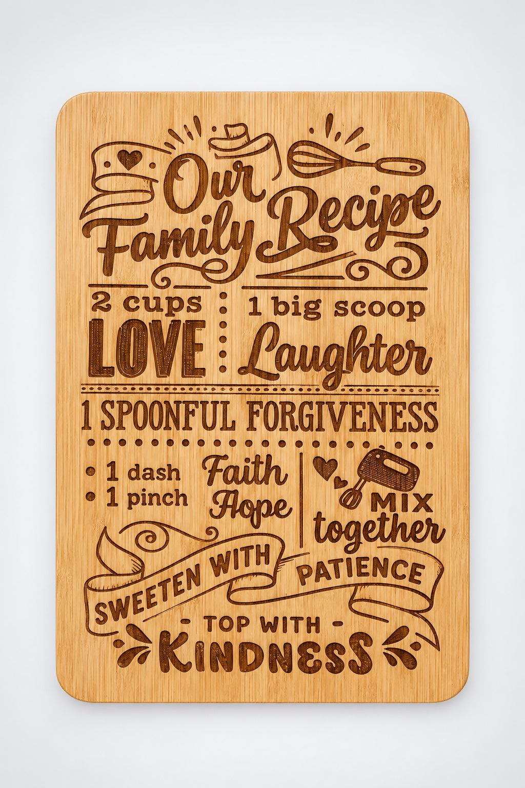 Engraved bamboo cutting board with Love & Laughter — Kitchen Rules design